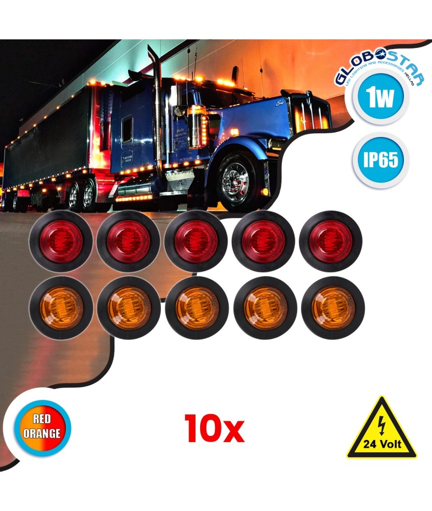 GloboStar® 85308 Πακέτο 10 Τεμάχια Φώτα Όγκου για Φορτηγά BULLET PIN LED SMD 5730 1W - Τεμ. 100lm DC 24V Αδιάβροχα IP65 5x Κόκκινα - 5x Πορτοκαλί